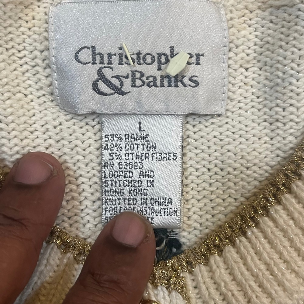 Christopher & Banks Christmas Tree Cardigan Sweater Womens L Cream Gold Beaded - Picture 2 of 10